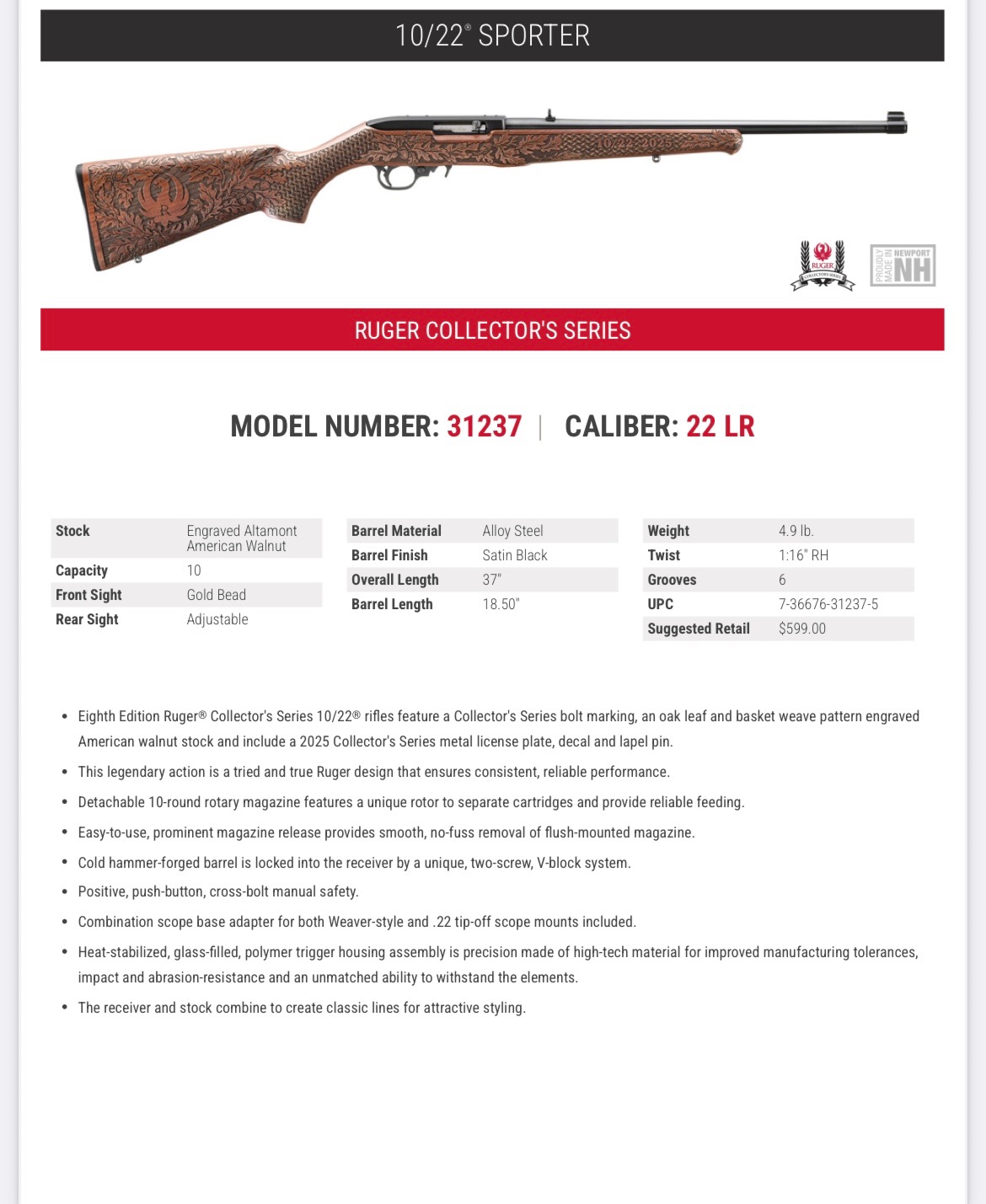 Ruger 10/22 SPORTER COL SERIES 22LR 31237 22 LR - Image 5