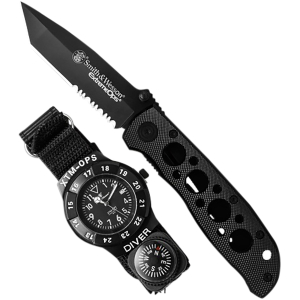 S&W SWXTMOPS2 S&W Extreme Ops Combo 3.18" Folding Plain Black 420 Stainless Steel Blade, Black Handle, Watch w/Compass