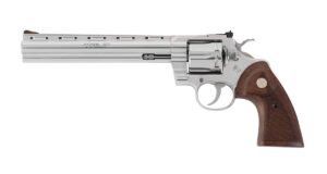 Colt Python 8-inch .357 Magnum stainless revolver with walnut grips and adjustable rear sight