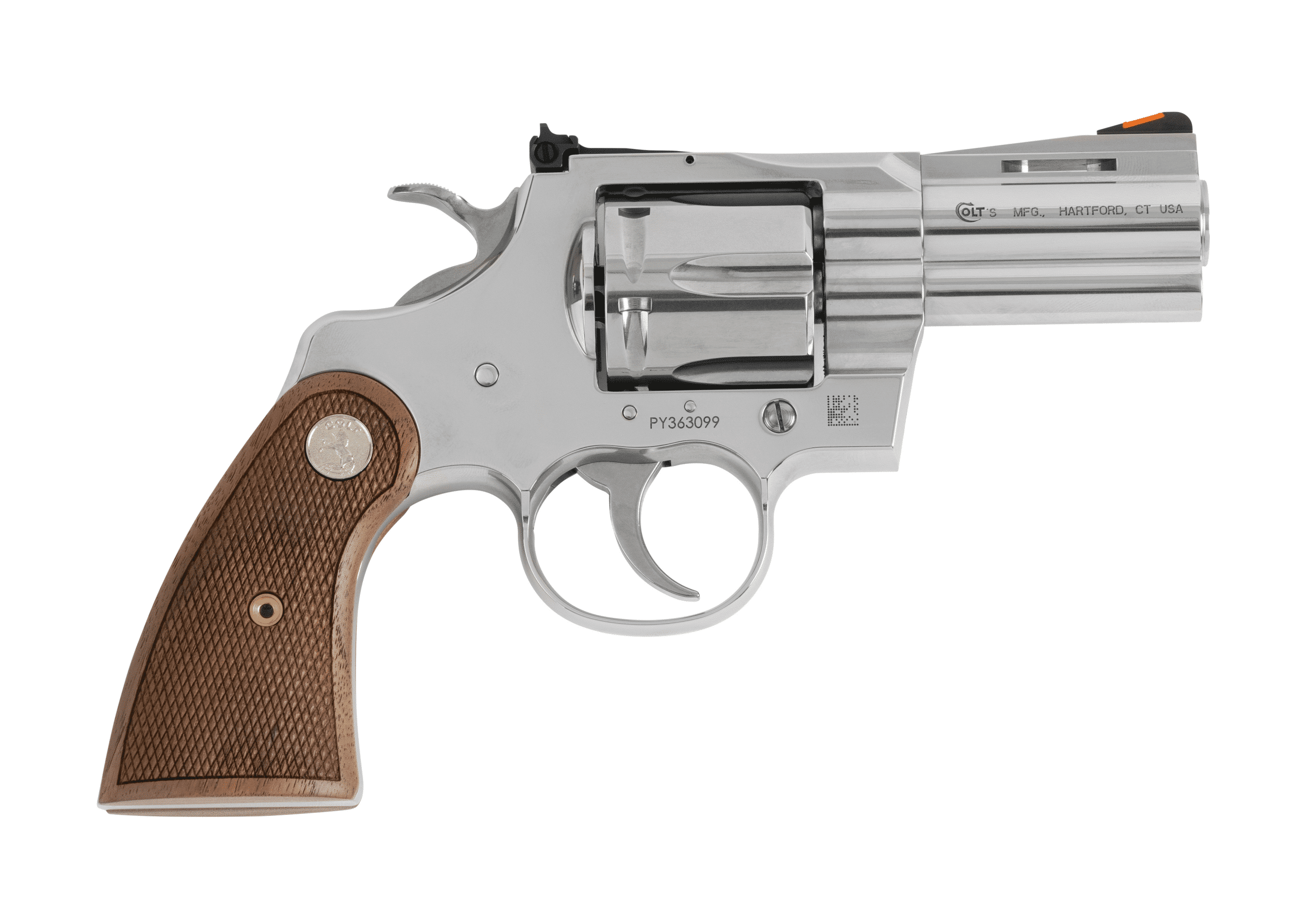 Colt Python stainless .357 Magnum revolver 2.5in barrel walnut grips adjustable rear sight