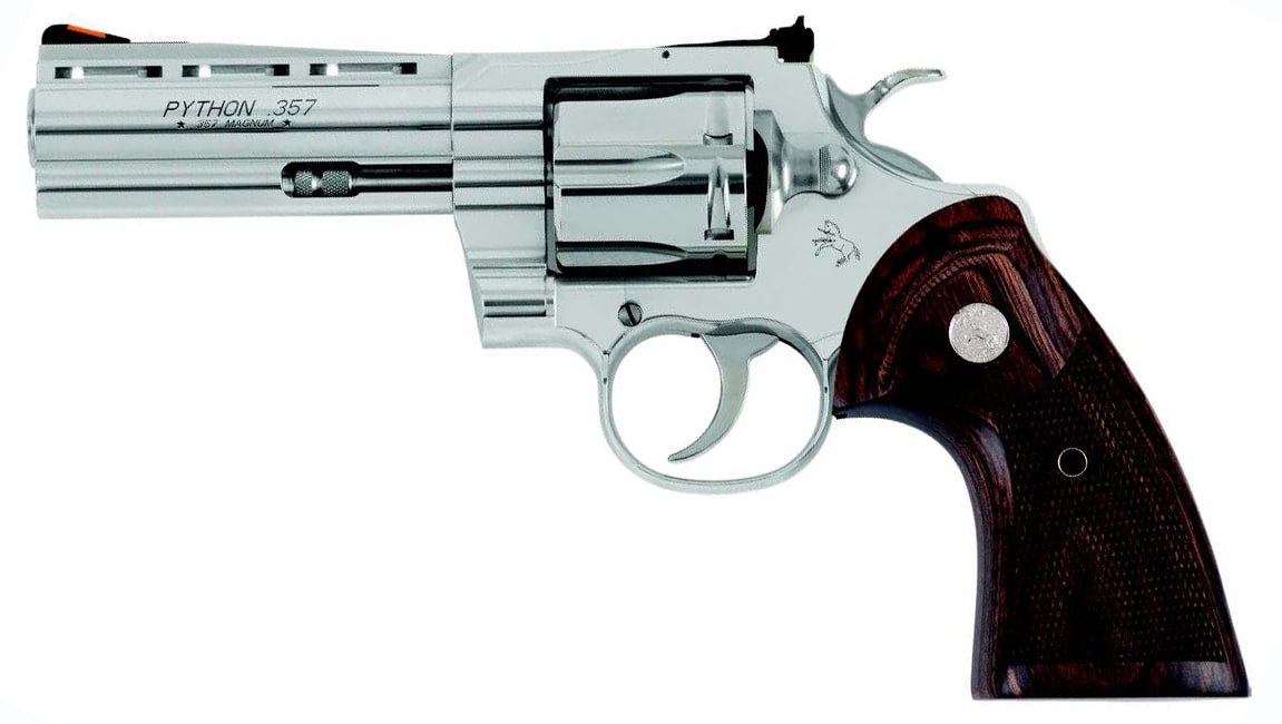 Colt Python 5 in stainless steel revolver with walnut target stocks