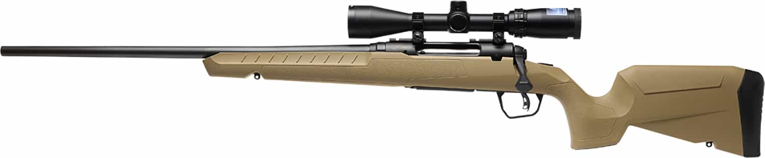 Savage Axis 2 XP Compact .243 Winchester rifle in FDE, left-hand, with mounted 3-9x40 scope