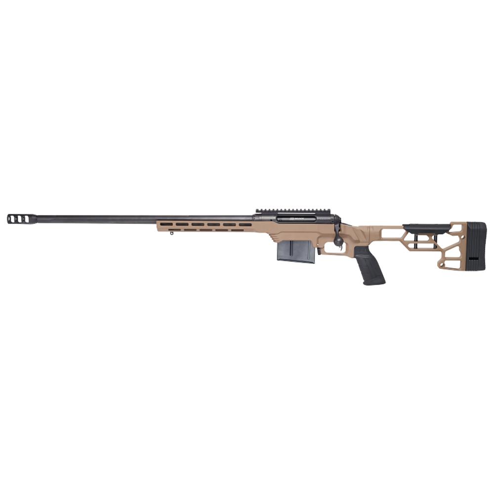 Savage 110 Precision left-hand rifle with MDT LSS XL chassis, matte black receiver and Flat Dark Earth Cerakote