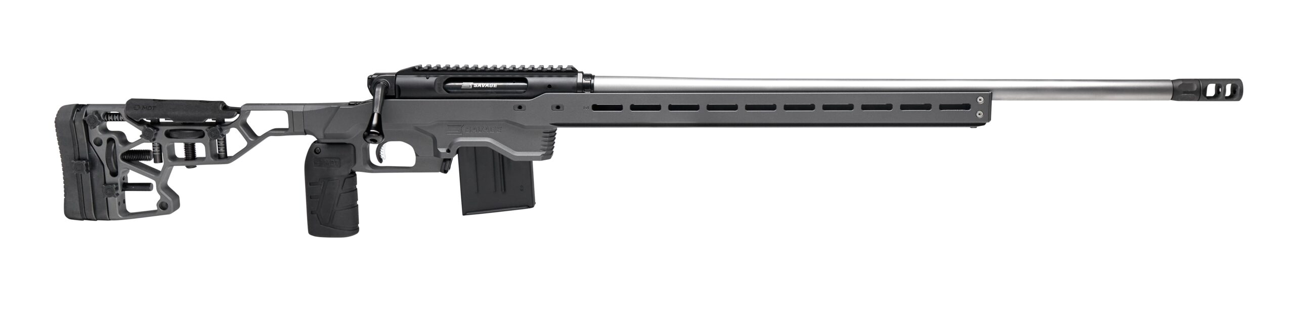 Savage Impulse Elite Precision 300 PRC rifle with 30-inch stainless barrel and MDT aluminum chassis in gray finish