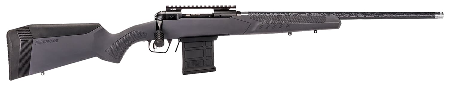 Savage 110 Carbon Tactical 6.5 PRC 24in rifle with gray AccuStock and carbon fiber-wrapped barrel