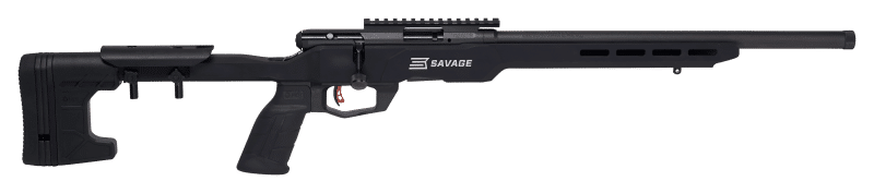 Savage B22 Precision 22 WMR rifle with 18-inch threaded barrel, MDT aluminum chassis, matte black finish