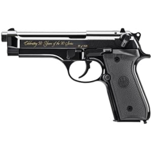 Beretta 92SB 50th Anniversary 9mm pistol with 4.90 in barrel, polished blued slide and black G10 grips