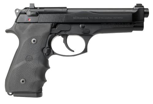 Beretta 92FS Brigadier 9mm pistol, full-size profile with Hogue wraparound grips