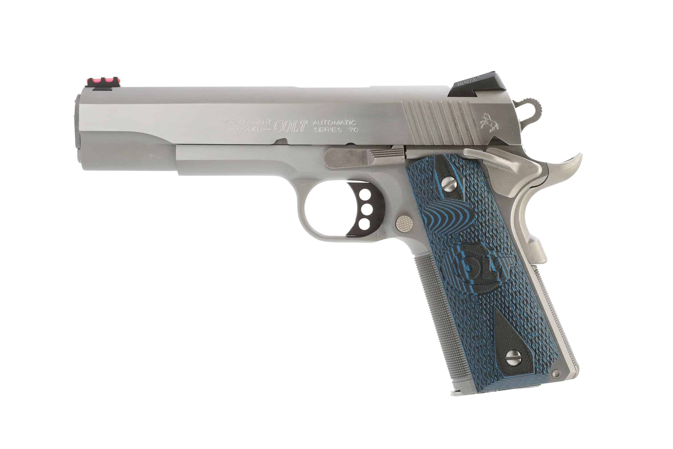 Colt 1911 Competition Series .38 Super 5 inch stainless frame blued slide blue G10 grips