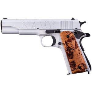 Auto-Ordnance AO 1911A1 Navy Commemorative pistol with multi-toned Cerakote finish and engraved wood grips