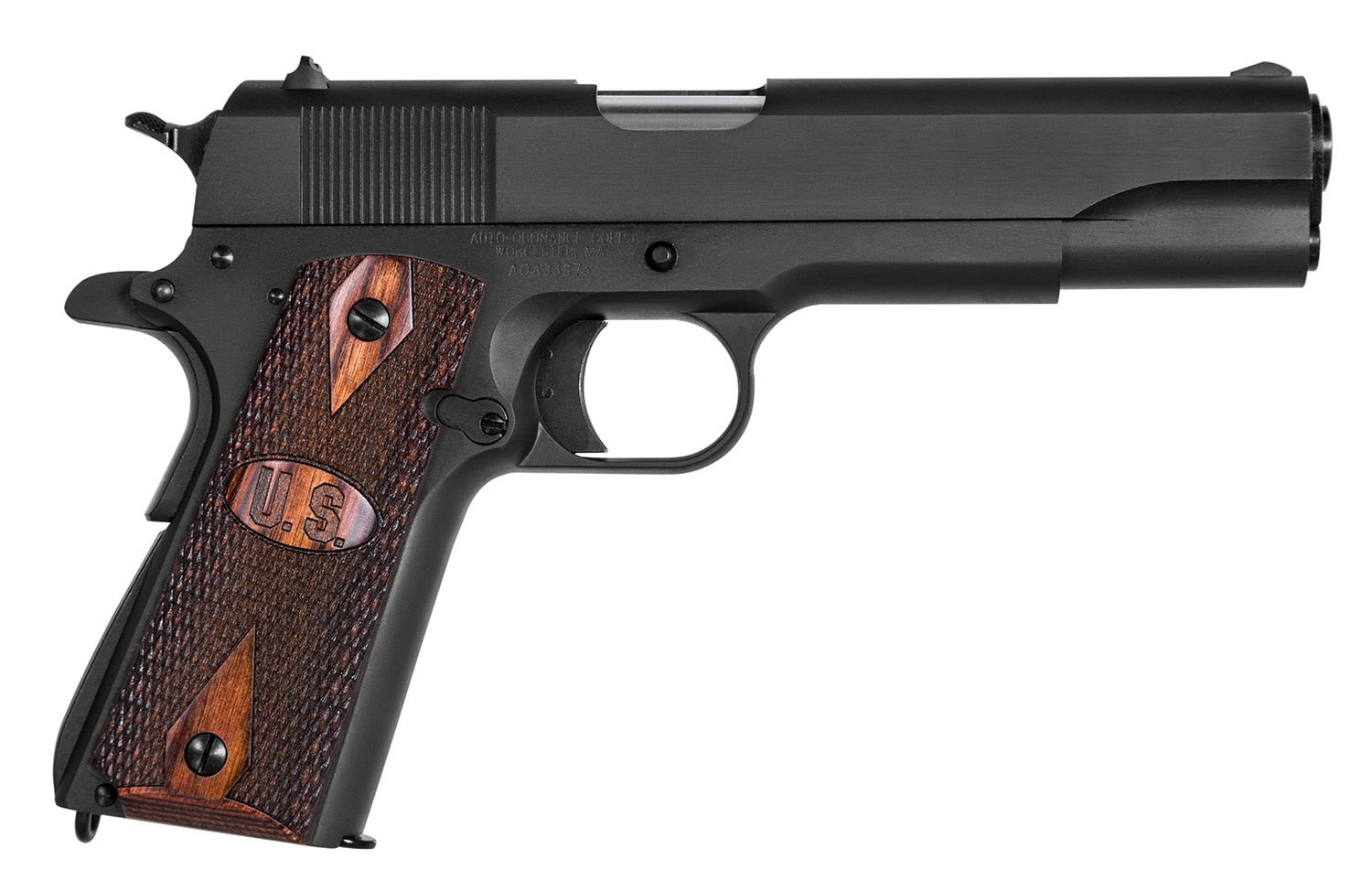 Auto-Ordnance 1911A1 GI 9mm pistol, 5-inch barrel, matte black finish, checkered wood grips with U.S. logo