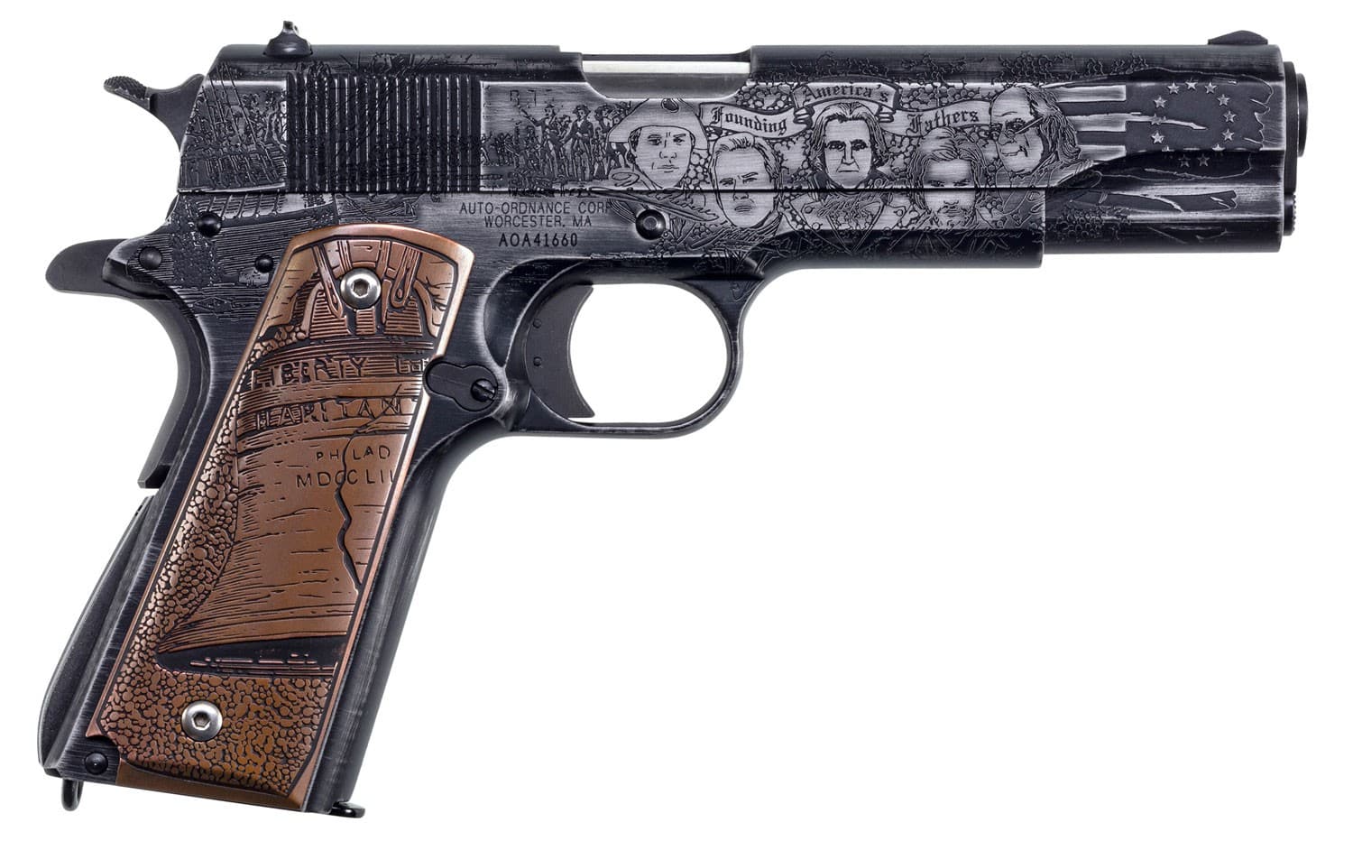 Auto-Ordnance Revolution 1911 pistol .45 ACP 5 inch distressed Cerakote with Betsy Ross engraved copper grips