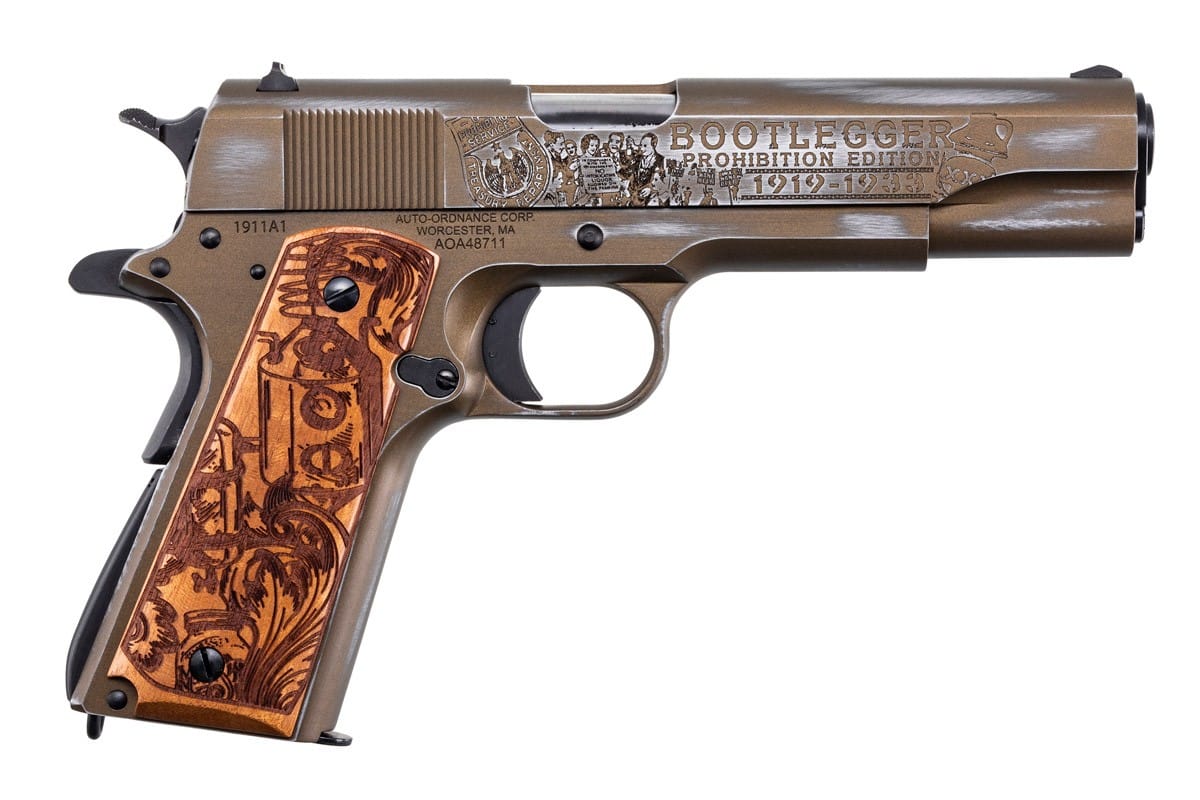 Auto-Ordnance Bootlegger 1911 .45 ACP 5in Burnt Bronze Cerakote engraved walnut grips