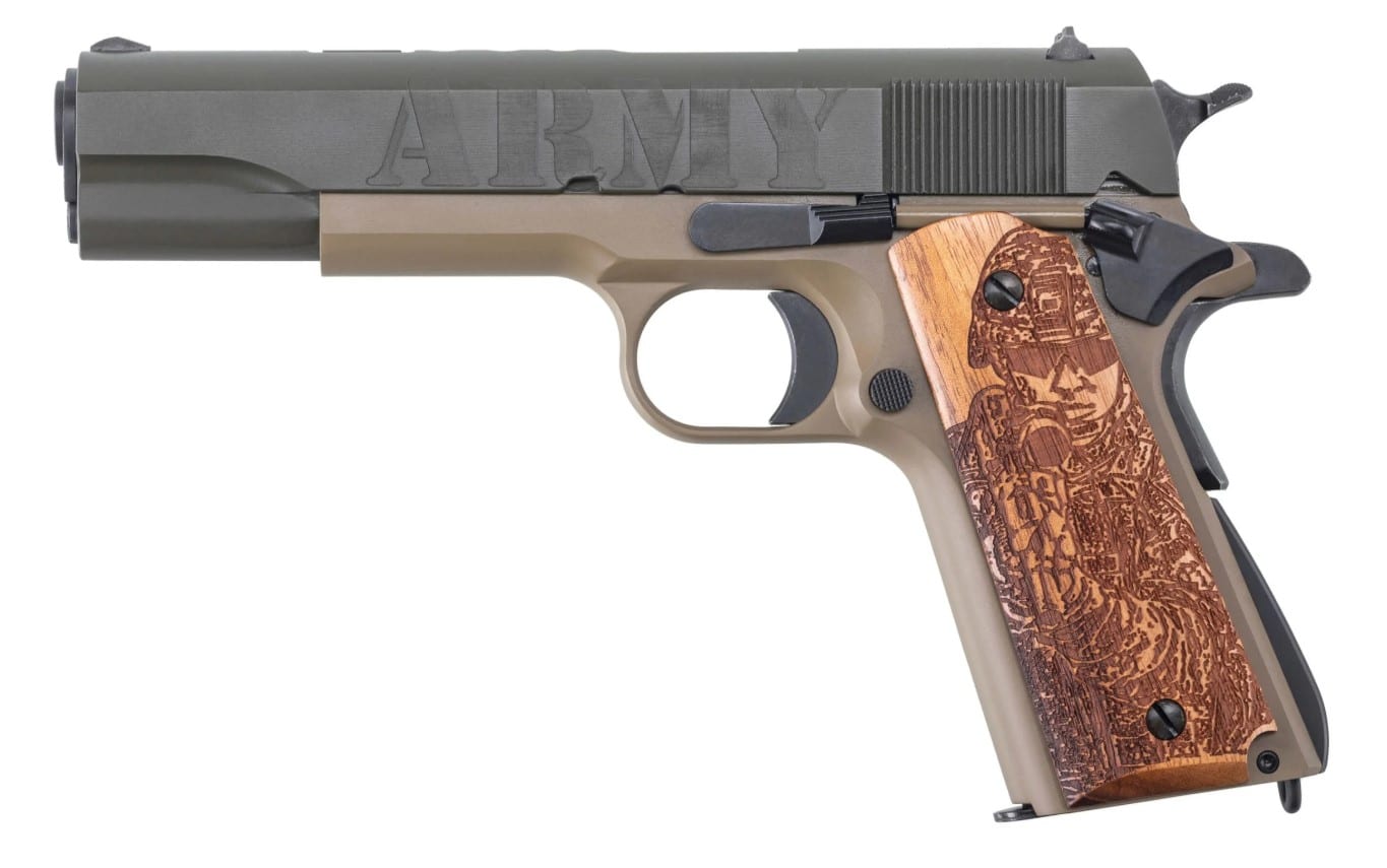 Auto-Ordnance 1911 Army 250th Anniversary .45 ACP 5-inch pistol with engraved hardwood grips