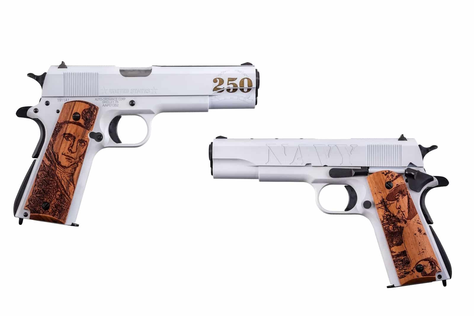 Auto-Ordnance 1911A1 Navy 250th Anniversary .45 ACP 5-inch pistol with engraved hardwood grips