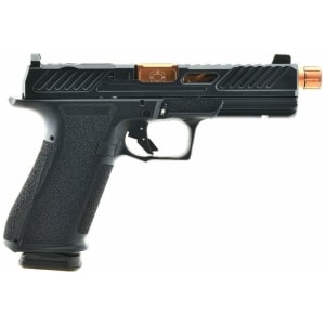 Shadow Systems DR920 Elite 9mm pistol with bronze spiral-fluted threaded barrel and optic-ready black slide