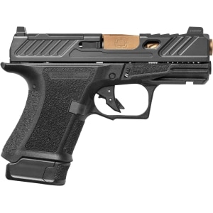 Shadow Systems CR920 Elite 9mm pistol with 3.41 in spiral-fluted bronze barrel and black polymer frame