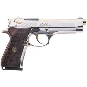 Derya Melik 9mm 4.9-inch polished nickel and gold-accented pistol with black frame