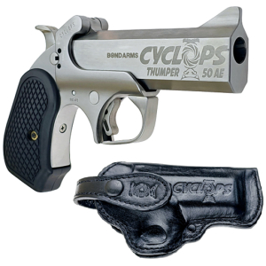 Bond Arms Cyclops .50 AE 4.25in satin stainless single-shot handgun with B6 grips and leather holster