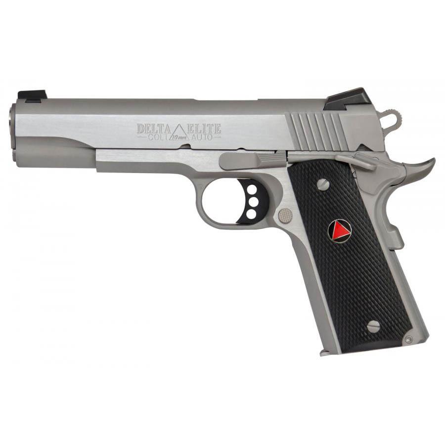 Colt Delta Elite 10mm 5-inch stainless 1911 pistol with Novak white-dot sights and black composite grips