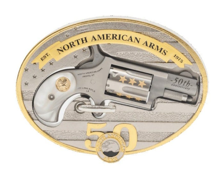 North American Arms 50th Anniversary .22 LR mini revolver with belt buckle, stainless finish