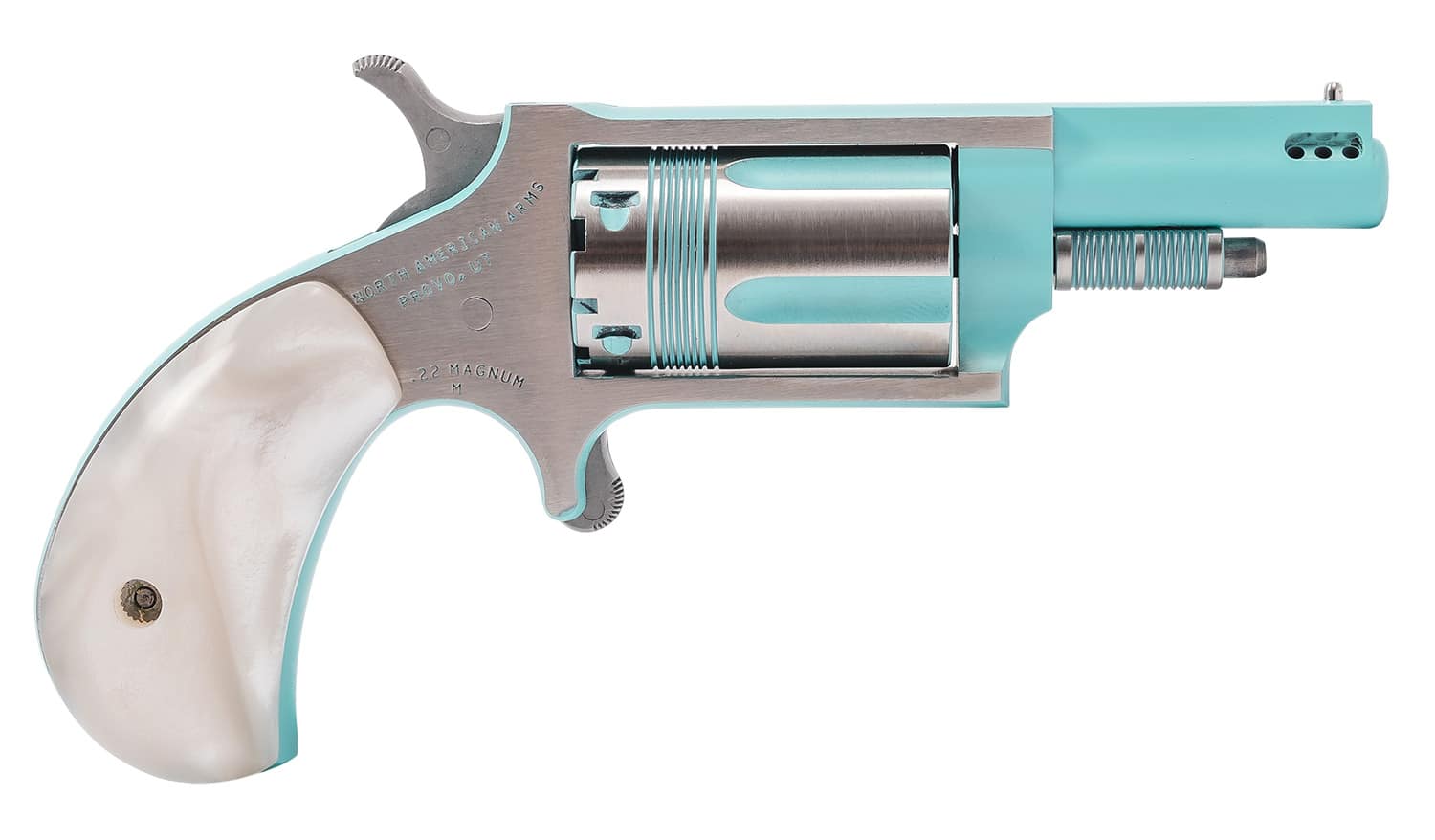 North American Arms Iris .22 Magnum mini-revolver in turquoise Cerakote with faux white pearl grips