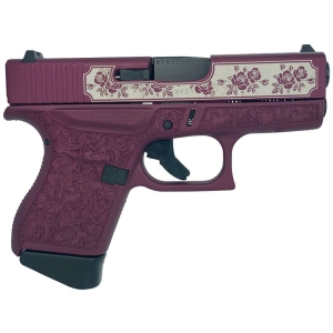 Glock 43 Black Cherry Roses vs Paisley 9mm subcompact pistol with custom engraved slide and grip