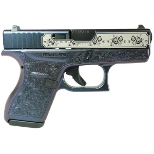 Glock 42 Glock and Roses Mongoose Purple .380 ACP handgun angled view