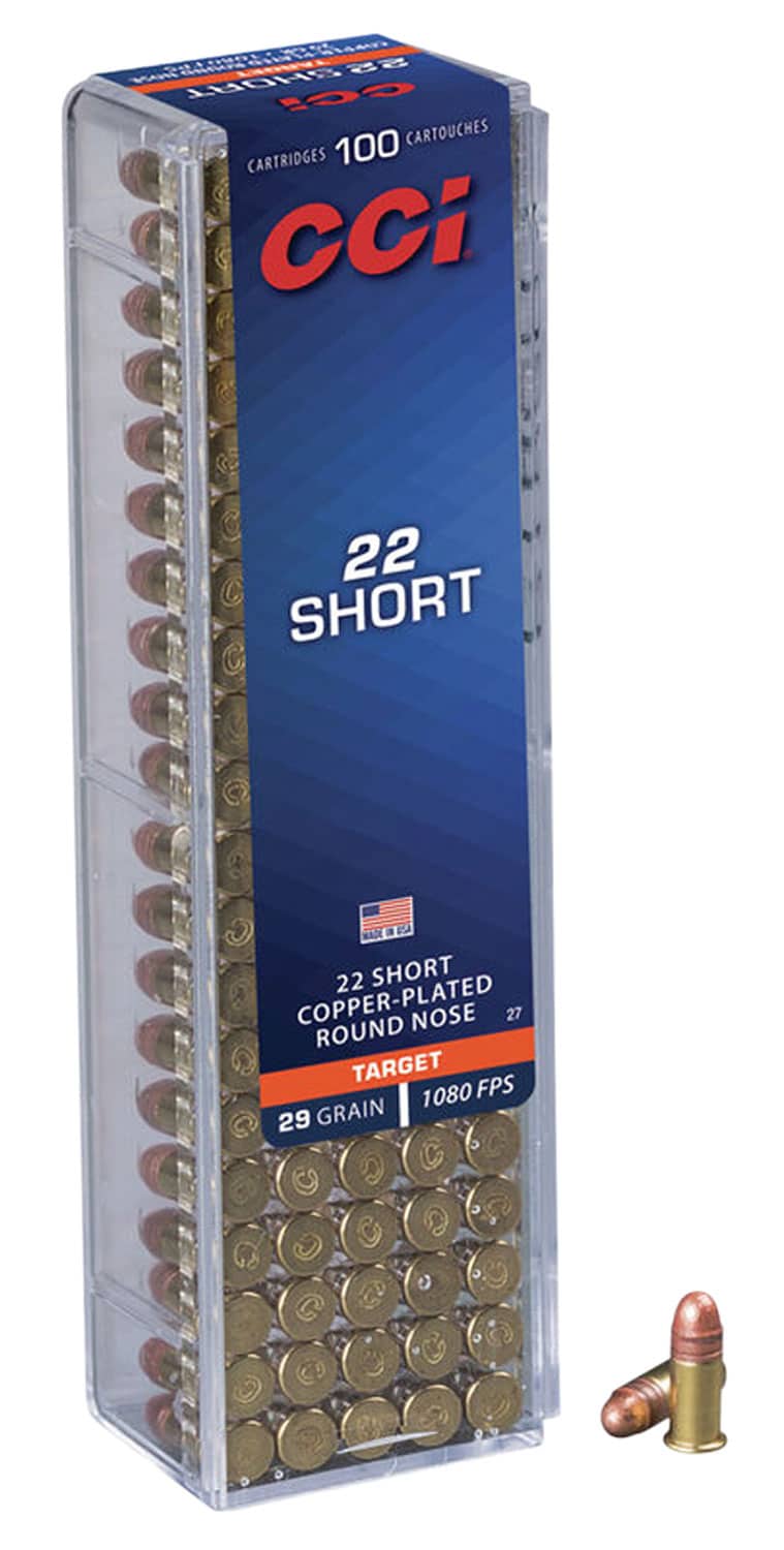 CCI .22 Short 29gr copper-plated round nose ammunition box, 100 rounds