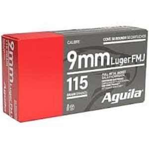 Aguila 9mm Luger FMJ ammunition 1000rd case with 50-round boxes and brass casings