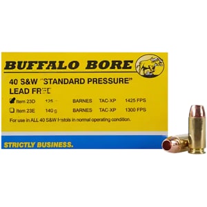 Buffalo Bore .40 S&W 125 gr Barnes TAC-XP lead-free ammunition box, 20 rounds