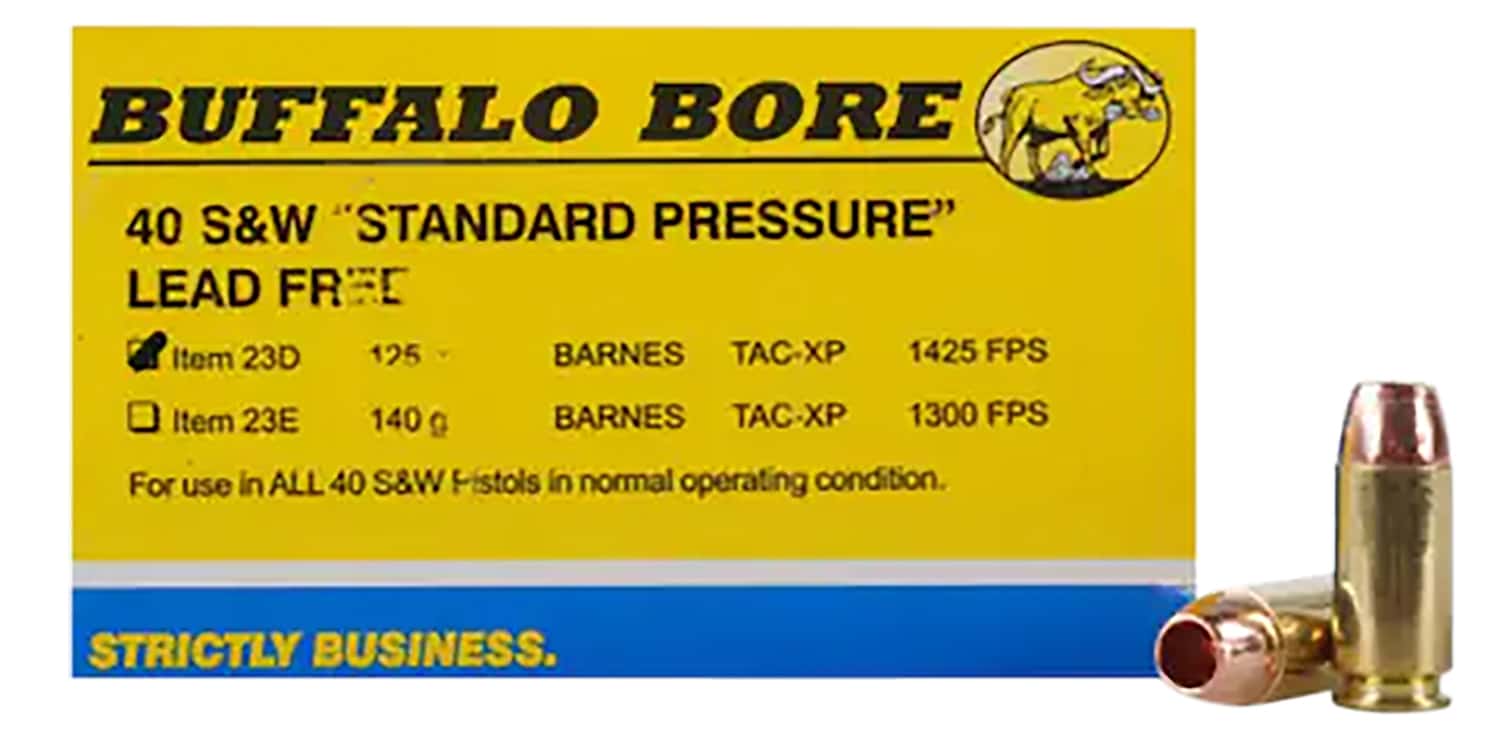 Buffalo-Bore .40 S&W 125gr SUPPRESSED POWDER AND A STANDARD-PRESSURE .40 S W CARTRIDGE PROFILE. THE RESULT Brass – 20rd