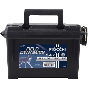 Fiocchi Field Dynamics .223 Rem 50 gr V-Max ammunition box and rounds