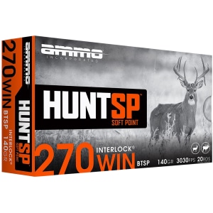 Ammo Inc HUNT SP .270 Winchester 140gr InterLock Soft Point ammunition box and cartridges