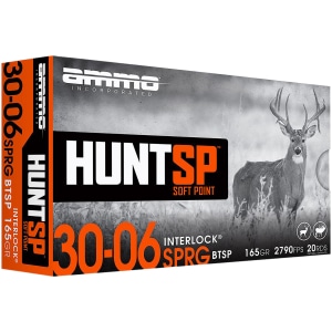 Ammo Inc Hunt SP .30-06 Springfield 165gr Soft Point ammunition box and cartridges