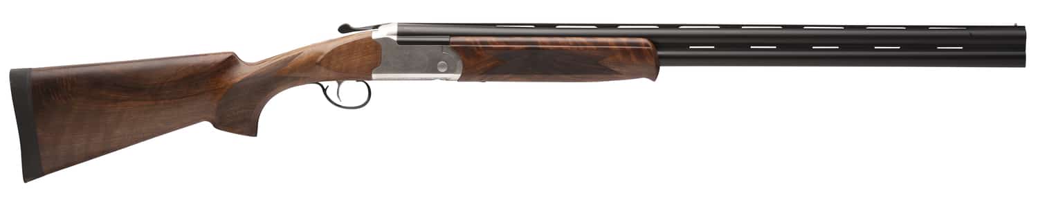 Stevens 555 E 16ga 28in over-under shotgun silver engraved receiver walnut stock