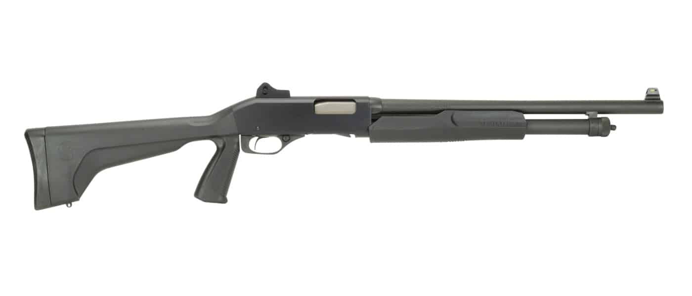 Stevens 320 Security pump shotgun with black synthetic pistol grip and ghost ring sight