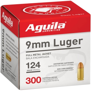 Aguila 9mm Luger 124gr FMJ 300rd box, brass-cased handgun ammunition