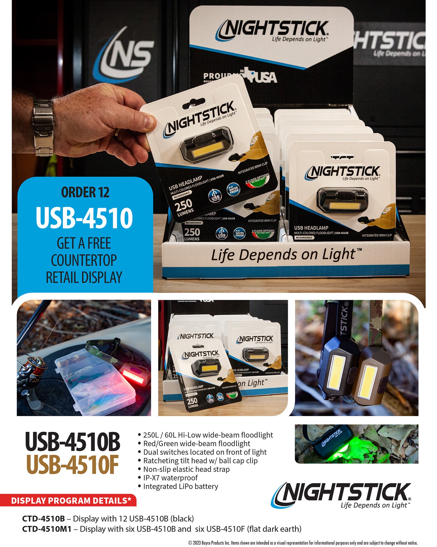 Bayco NSTICK CTD-4510M1 USB-4510B/F headlamp display pack of 12 headlamps