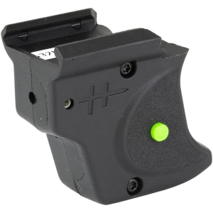 Viridian E-Series green laser sight mounted on Springfield Hellcat trigger guard, black finish