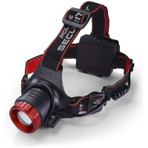 Police Security Lookout headlamp in black and red with slide-focus and adjustable headband