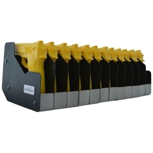 BenchMaster WeaponRac 12-gun pistol rack in black metal with cushion storage