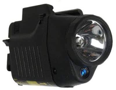 GLOCK tactical light with integrated red laser mounted on GL rail, black polymer housing