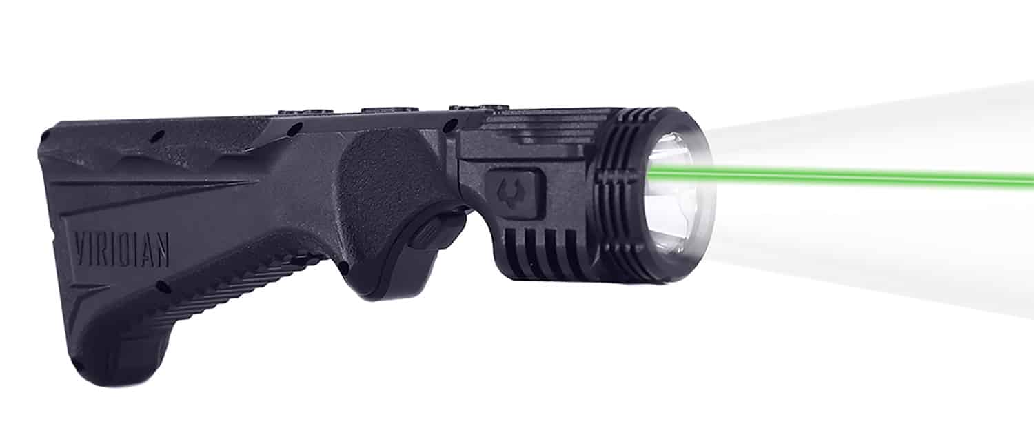 Viridian 4LUX 2K DUO angled foregrip weapon light with green laser mounted on M-LOK handguard
