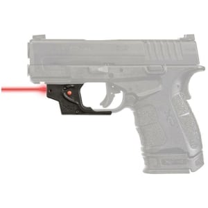 Viridian E Series red laser sight mounted on a Springfield XDS trigger guard, black