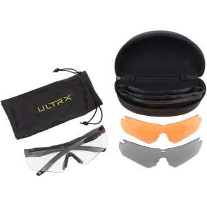 Allen ULTRX Admiral safety glasses 3-pack with Clear, Amber, and Smoke lenses and carrying cases