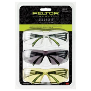 3M Peltor Sport SecureFit 400 3-pack protective shooting glasses with clear, amber and gray lenses and black frame
