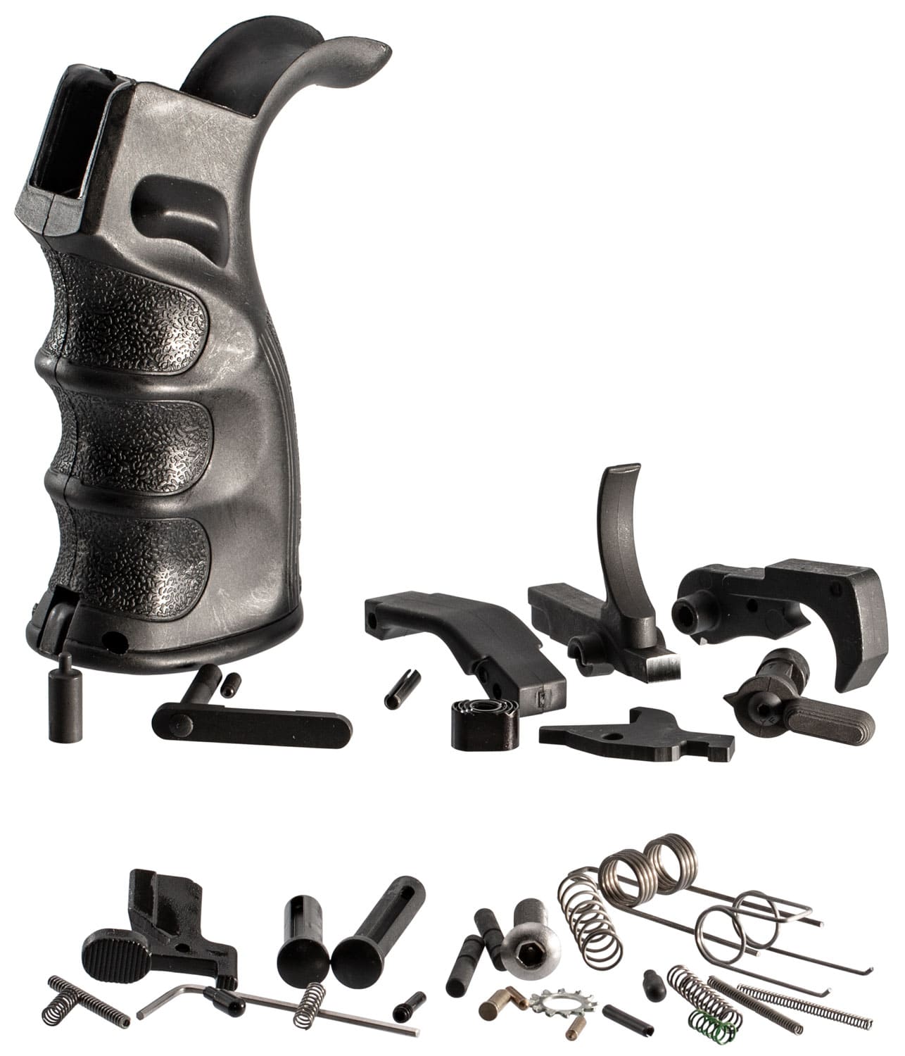 TacFire AR-10 Lower Parts Kit in black with PGAR-B pistol grip and assorted lower components