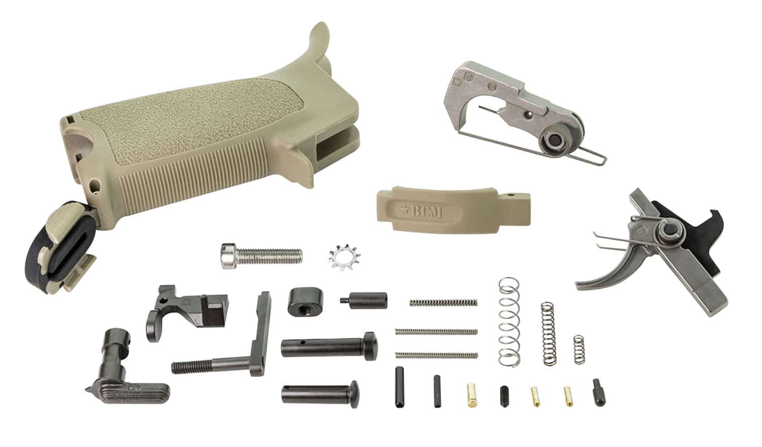BCM BCMGUNFIGHTER enhanced AR-15 lower parts kit in Flat Dark Earth with PNT trigger and Mod 3 grip
