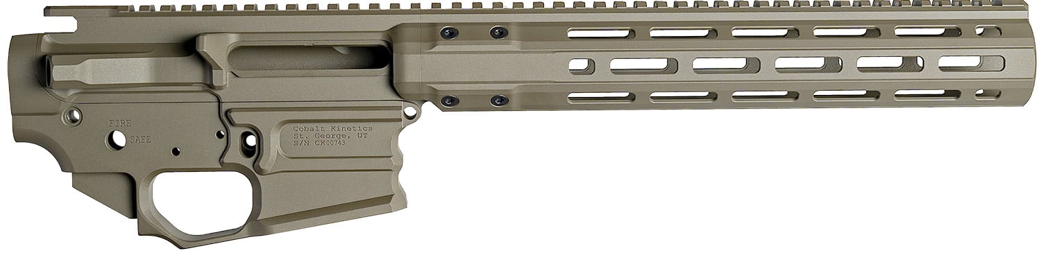 Cobalt Kinetics CK-Pro receiver set in Flat Dark Earth (CK-Pro, 9.8" designation) showing upper, lower, and handguard